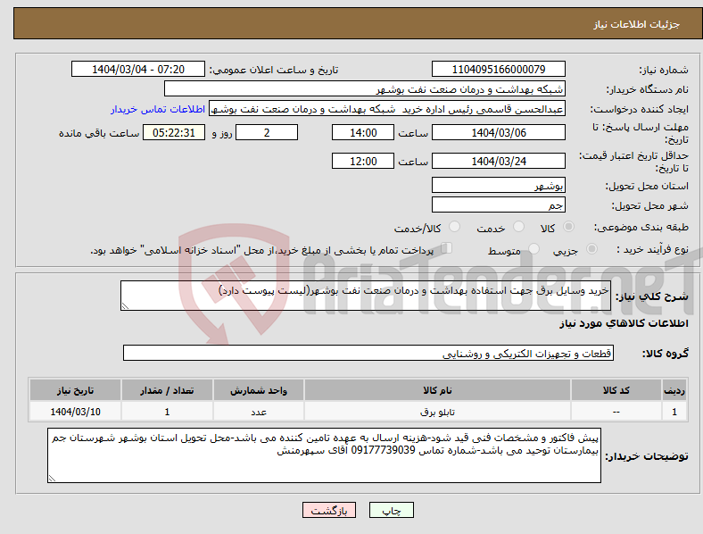 تصویر کوچک آگهی نیاز انتخاب تامین کننده-خرید وسایل برق جهت استفاده بهداشت و درمان صنعت نفت بوشهر(لیست پیوست دارد)