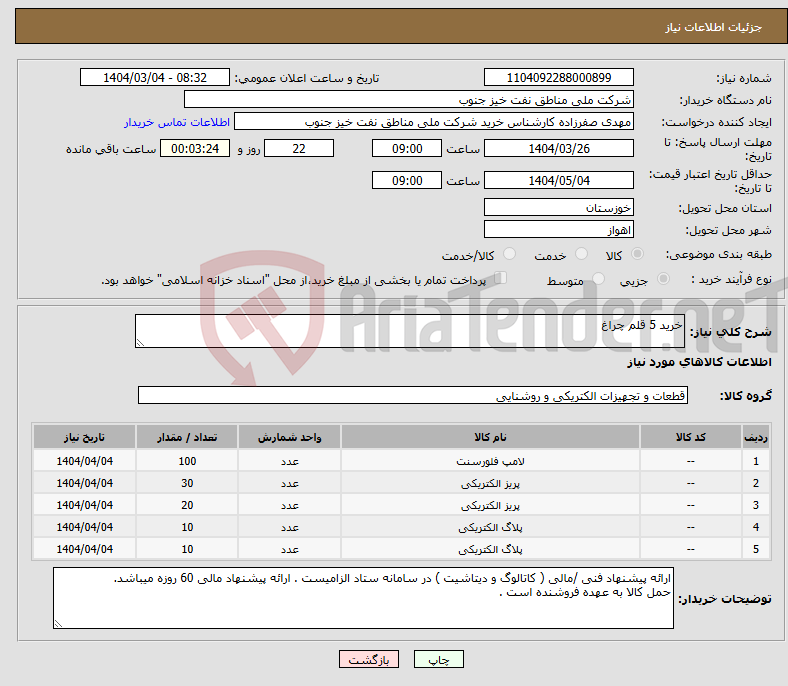 تصویر کوچک آگهی نیاز انتخاب تامین کننده-خرید 5 قلم چراغ