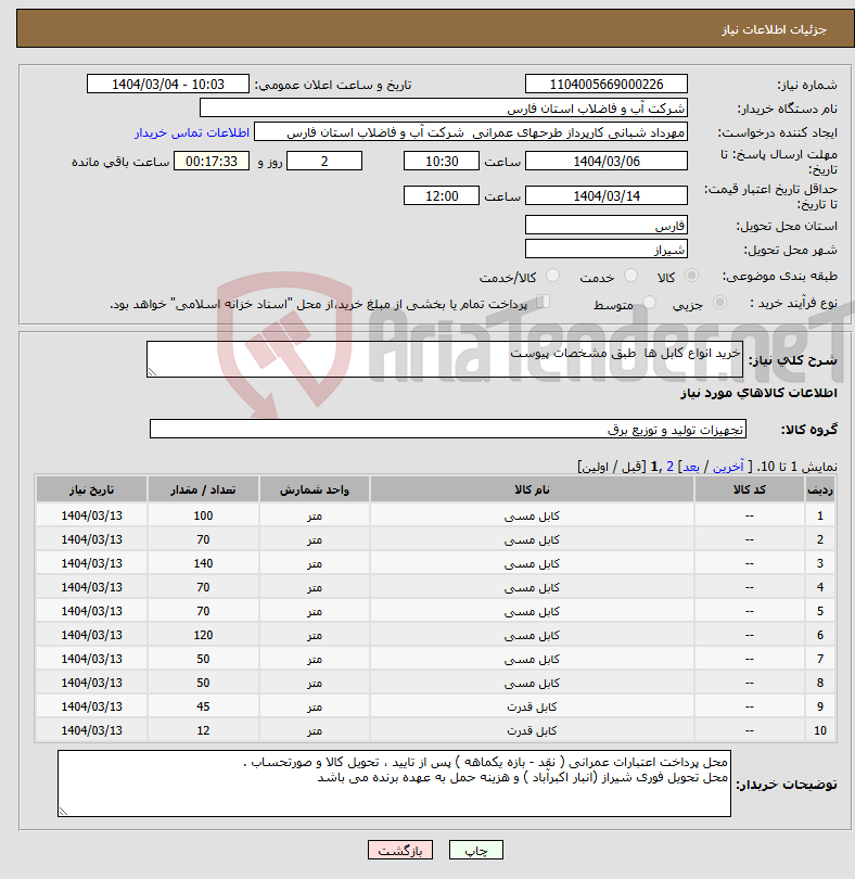 تصویر کوچک آگهی نیاز انتخاب تامین کننده-خرید انواع کابل ها طبق مشخصات پیوست 