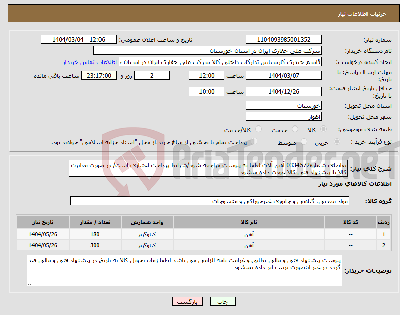 تصویر کوچک آگهی نیاز انتخاب تامین کننده-تقاضای شماره0334572 آهن آلات لطفا به پیوست مراجعه شود/شرایط پرداخت اعتباری است/ در صورت مغایرت کالا با پیشنهاد فنی کالا عودت داده میشود