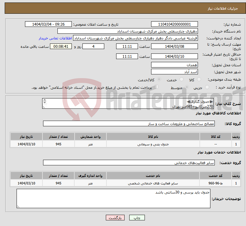 تصویر کوچک آگهی نیاز انتخاب تامین کننده-⫷جدول گذاری⫸ 270مترکانیو+685متر نهری