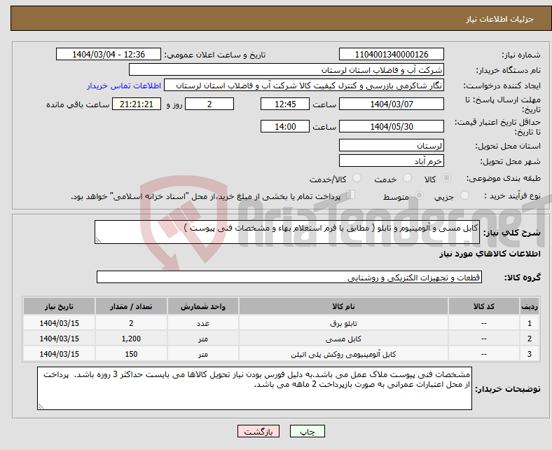 تصویر کوچک آگهی نیاز انتخاب تامین کننده-کابل مسی و آلومینیوم و تابلو ( مطابق با فرم استعلام بهاء و مشخصات فنی پیوست ) 