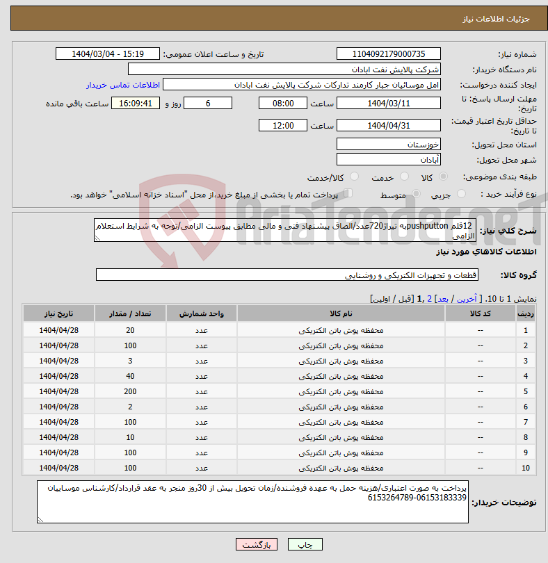 تصویر کوچک آگهی نیاز انتخاب تامین کننده- 12قلم pushputtonبه تیراژ720عدد/الصاق پیشنهاد فنی و مالی مطابق پیوست الزامی/توجه به شرایط استعلام الزامی