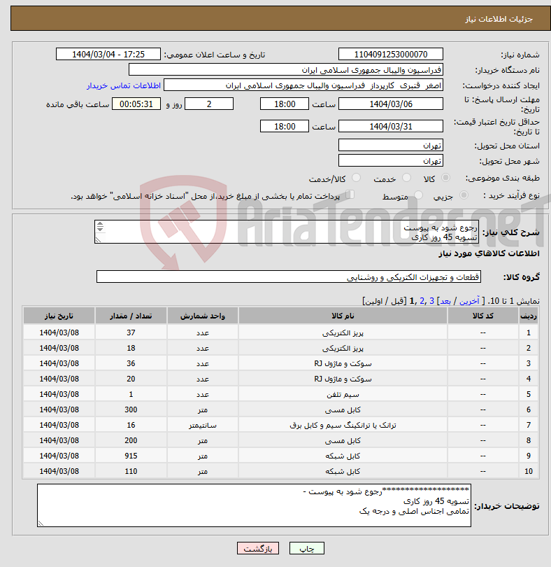 تصویر کوچک آگهی نیاز انتخاب تامین کننده-رجوع شود به پیوست تسویه 45 روز کاری تمامی اجناس اصلی و درجه یک 