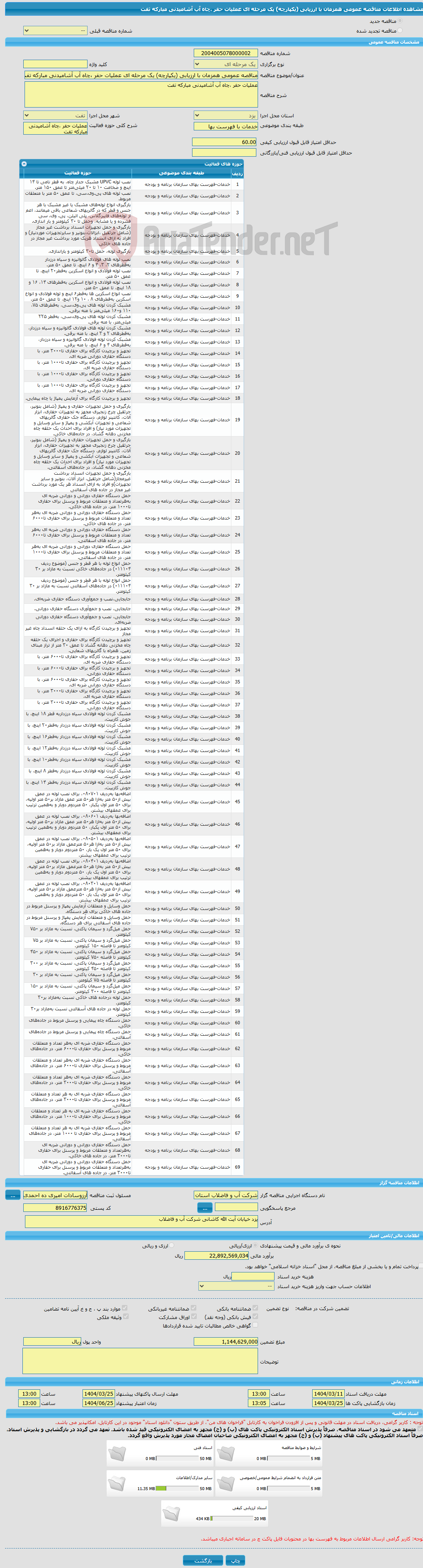 تصویر کوچک آگهی مناقصه عمومی همزمان با ارزیابی (یکپارچه) یک مرحله ای عملیات حفر ،چاه آب آشامیدنی مبارکه تفت