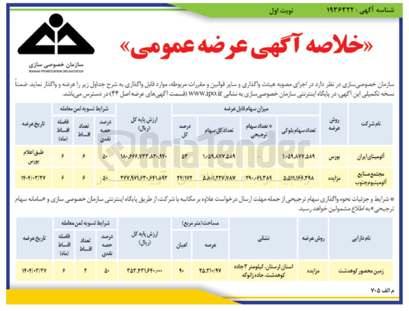تصویر کوچک آگهی عرضه بورس شرکت آلومینای ایران و فروش سهام مجتمع صنایع آلومینیوم جنوب و فروش زمین محصور کوهدشت