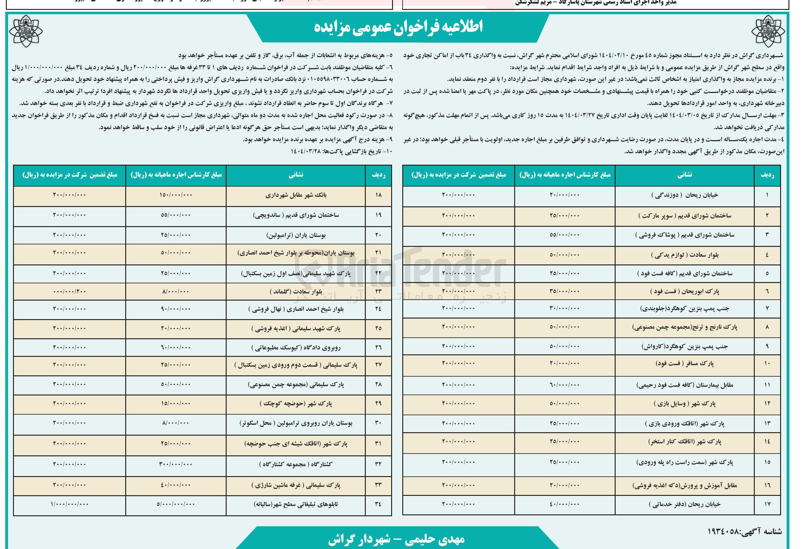 تصویر کوچک آگهی واگذاری ۳۴ باب از اماکن تجاری