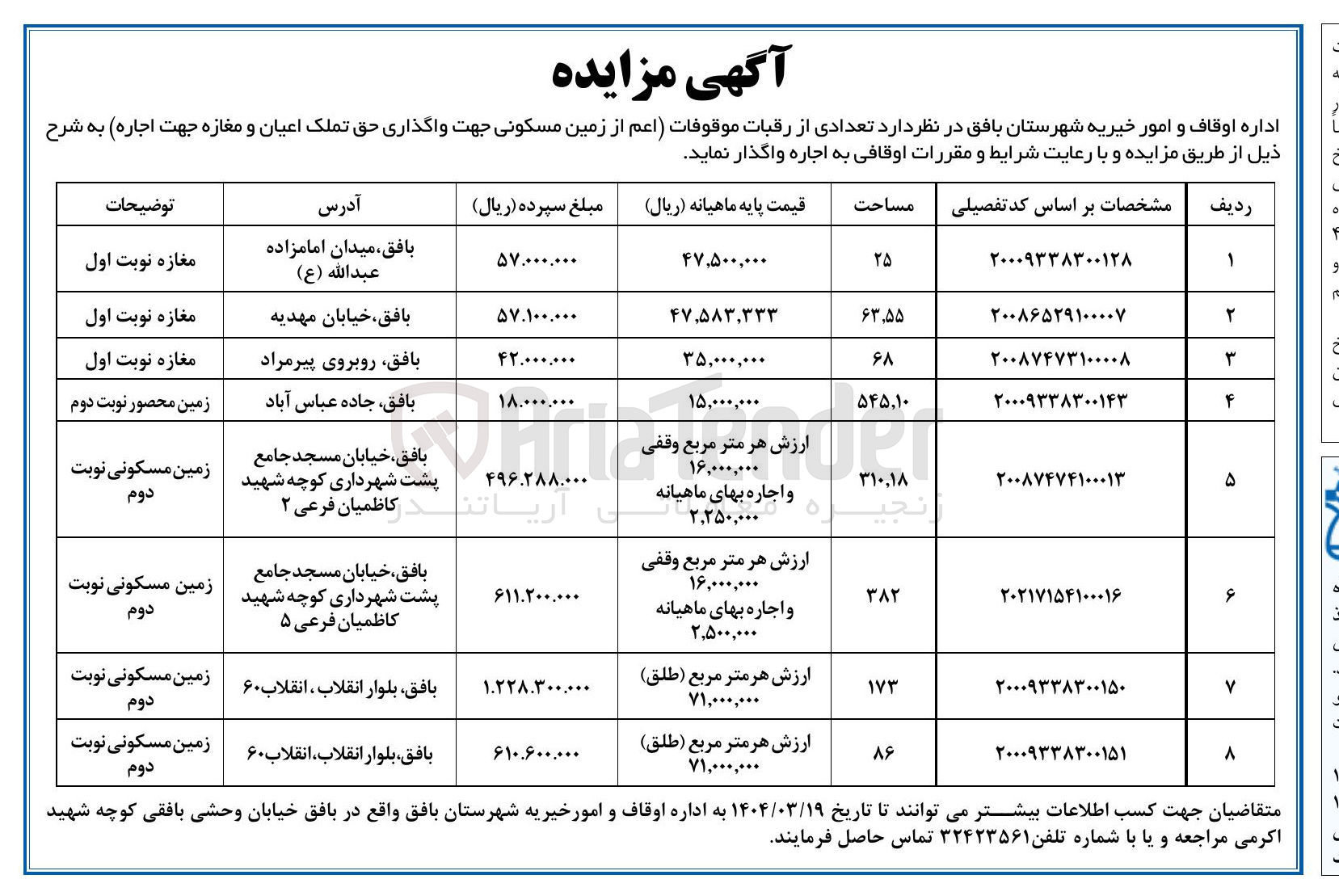 تصویر کوچک آگهی اجاره تعدادی از رقبات موقوفات ( زمین های مسکونی و مغازه تجاری)