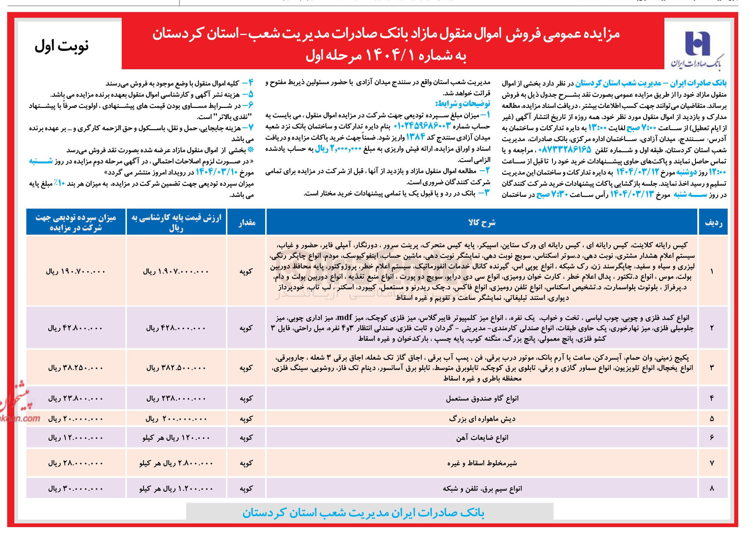 تصویر کوچک آگهی فروش اموال منقول مازاد در 8 ردیف : کیس رایانه - انواع کمد فلزی - انواع میز کامپیوتر - انواع گاو صندوق مستعمل - دیش ماهواره ای بزرگ - انواع ضایعات آهن - شیر مخلوط اسقاط و غیره - انواع سیم برق تلفن و شبکه