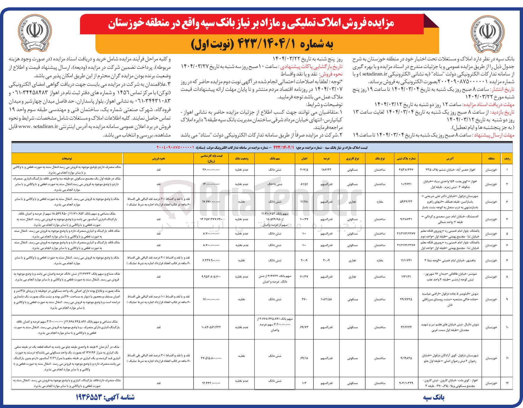 تصویر کوچک آگهی فروش املاک در 12 ردیف با کاربری مسکونی، تجاری