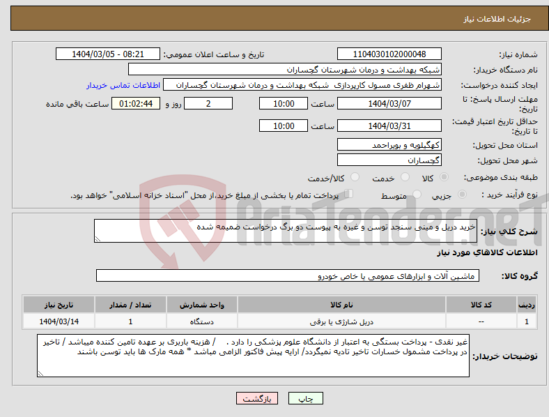 تصویر کوچک آگهی نیاز انتخاب تامین کننده-خرید دریل و مینی سنجد توسن و غیره به پیوست دو برگ درخواست ضمیمه شده 