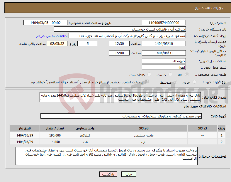 تصویر کوچک آگهی نیاز انتخاب تامین کننده-نازل پیچ و مهره از جنس پلی پروپیلن با طول18الی16سانتی متر پایه بلند شیار 0/2 میلیمتری14450عدد و مایه سیلیس سایز(5/. الی 1/2) طبق مشخصات فنی پیوست