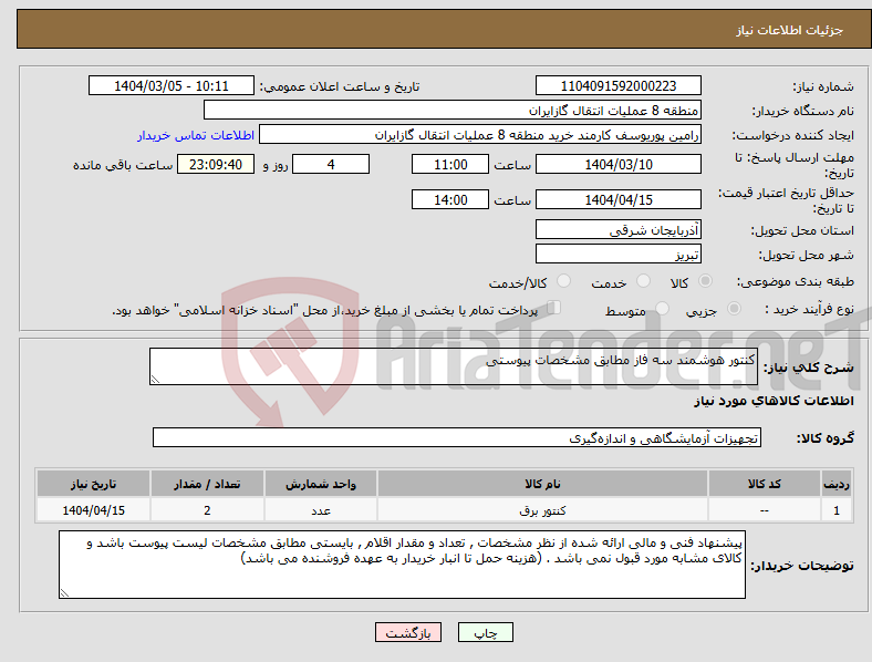 تصویر کوچک آگهی نیاز انتخاب تامین کننده-کنتور هوشمند سه فاز مطابق مشخصات پیوستی