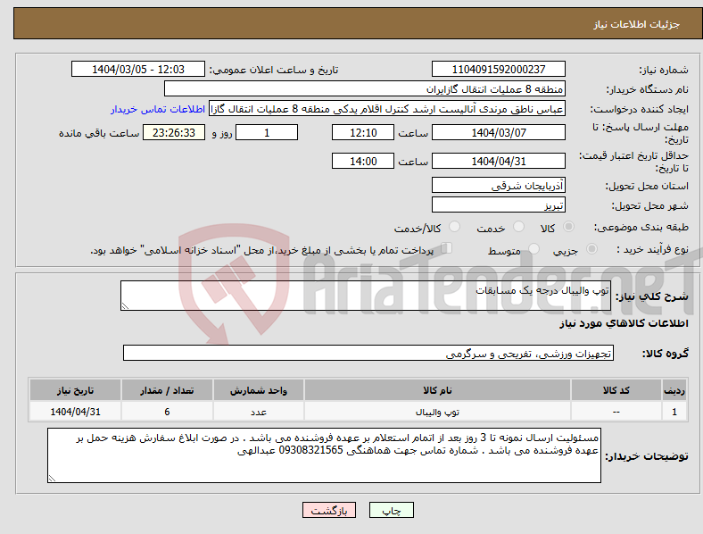 تصویر کوچک آگهی نیاز انتخاب تامین کننده-توپ والیبال درجه یک مسابقات 
