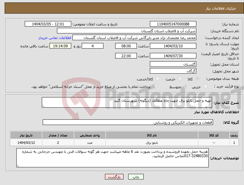 تصویر کوچک آگهی نیاز انتخاب تامین کننده-تهیه و حمل تابلو برق جهت چاه عطاآباد (دیگچه) شهرستان گنبد