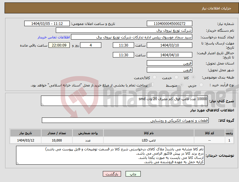 تصویر کوچک آگهی نیاز انتخاب تامین کننده-10000 عدد لامپ فوق کم مصرف 20 وات smd