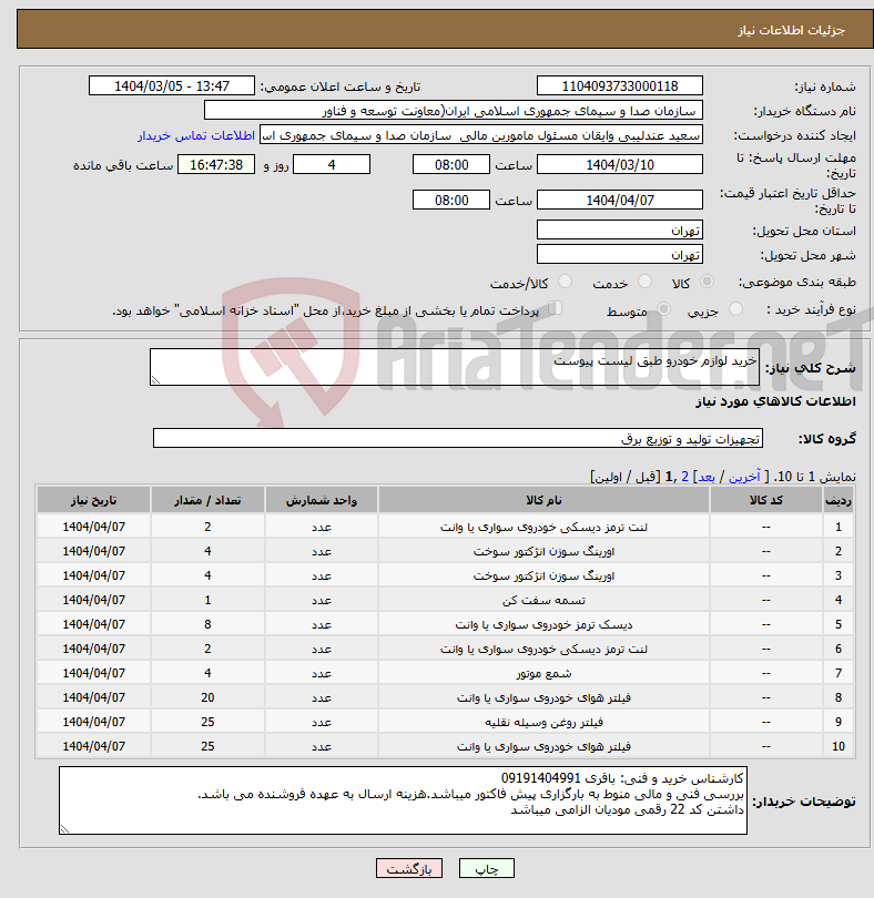 تصویر کوچک آگهی نیاز انتخاب تامین کننده-خرید لوازم خودرو طبق لیست پیوست