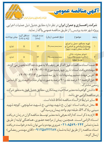 تصویر کوچک آگهی تهیه مصالح عمل و اجرای اروسازی ( بر اساس و اساس ) و اسفالت معابر ( نوبت دوم ) 
