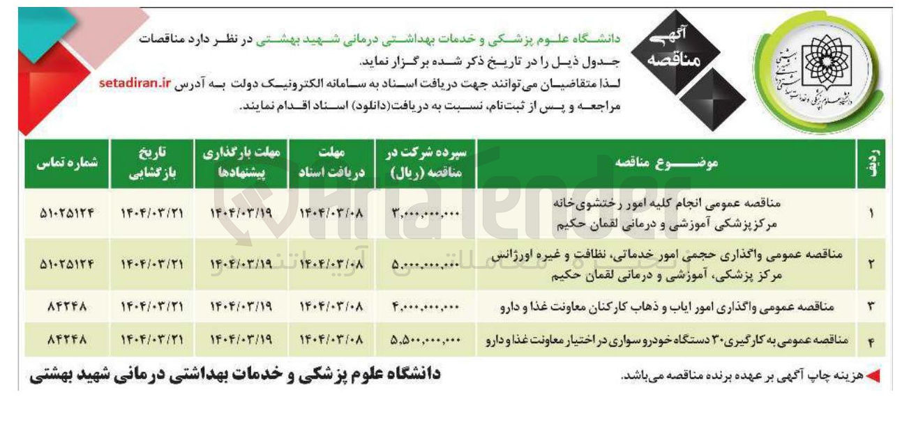 تصویر کوچک آگهی واگذاری حجمی امور خدماتی نظافت و غیره اورژانس 