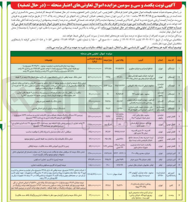تصویر کوچک آگهی فروش باقیمانده اموال تعاونی های (اعتبار فرشتگان - افضل توس ، البرز ایرانیان ، ثامن الحجج و وحدت (در حال تصفیه ) با کاربری اداری، تجاری، مسکونی، مزروعی، آموزشی