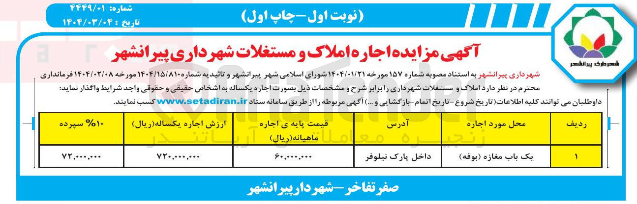 تصویر کوچک آگهی اجاره یک باب مغازه (بوفه)