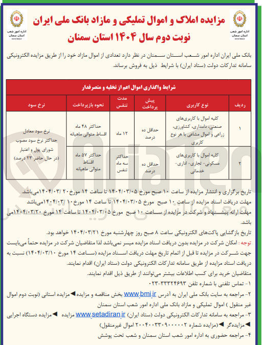 تصویر کوچک آگهی فروش تعدادی از اموال با کاربری های ، صنعتی دامداری کشاورزی زراعی مسکونی - تجاری - اداری خدماتی
