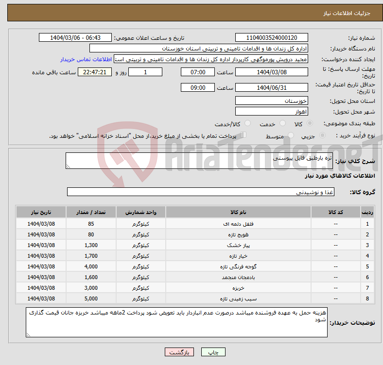 تصویر کوچک آگهی نیاز انتخاب تامین کننده-تره بارطبق فایل پیوستی