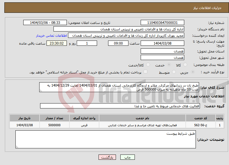 تصویر کوچک آگهی نیاز انتخاب تامین کننده-طبخ نان در زندانهای مرکزی، ملایر و اردوگاه کاردرمانی استان همدان از 1404/03/01 لغایت 1404/12/29 به مدت 10 ماه ماهیانه به میزان 500000 قرص