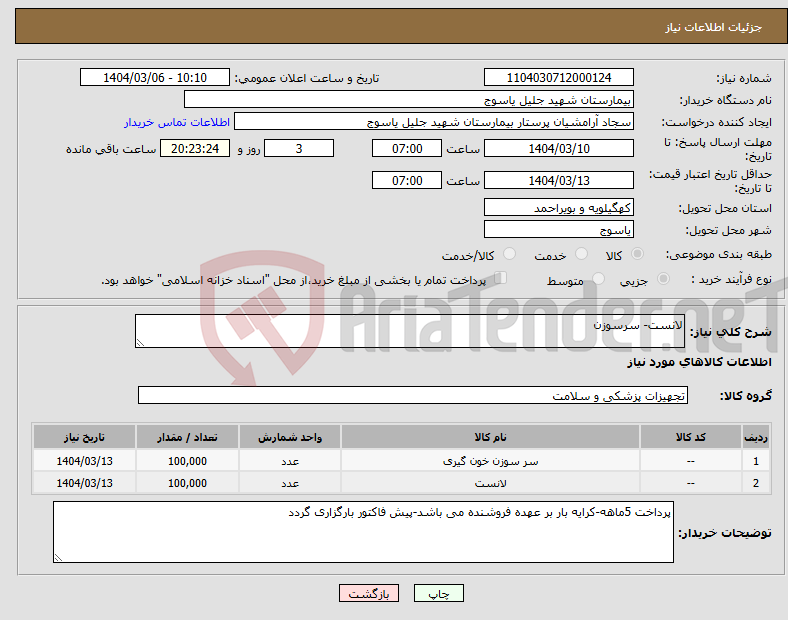 تصویر کوچک آگهی نیاز انتخاب تامین کننده-لانست- سرسوزن