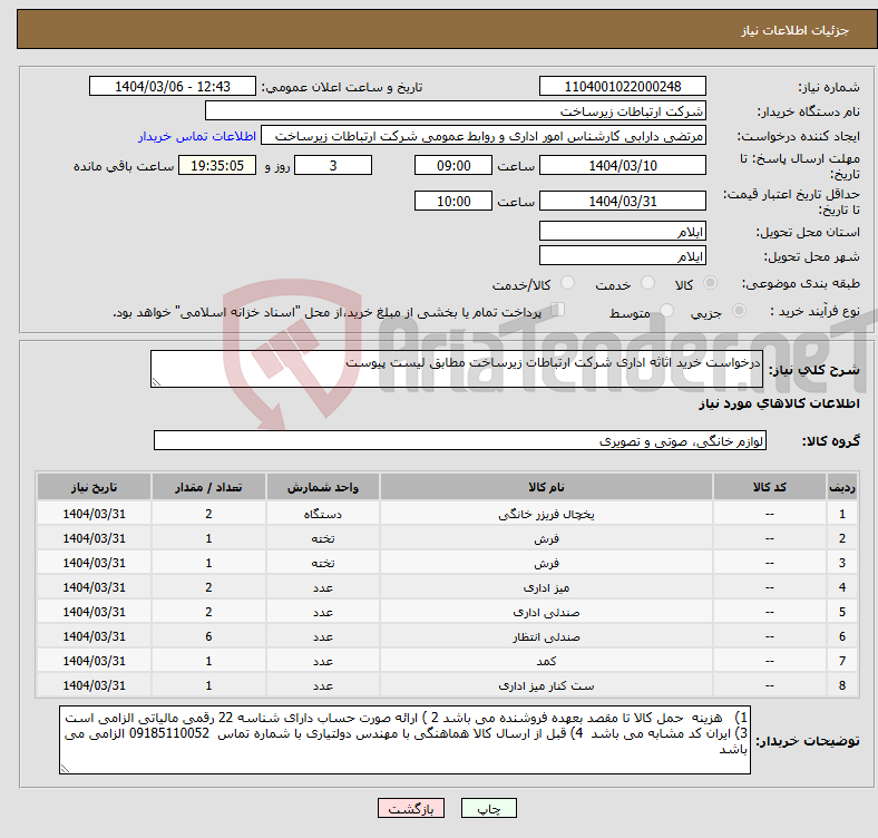 تصویر کوچک آگهی نیاز انتخاب تامین کننده-درخواست خرید اثاثه اداری شرکت ارتباطات زیرساخت مطابق لیست پیوست