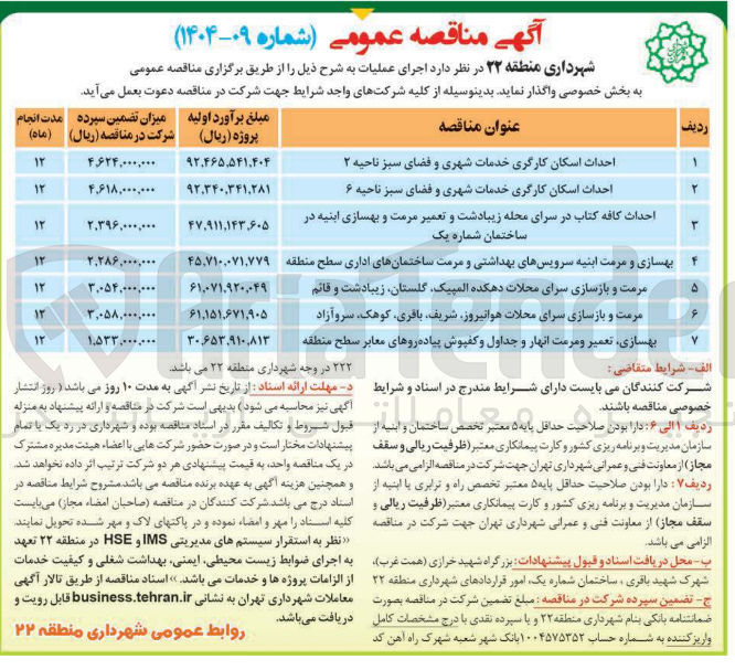 تصویر کوچک آگهی احداث اسکان کارگری خدمات شهری و فضای سبز ناحیه ۶ 
