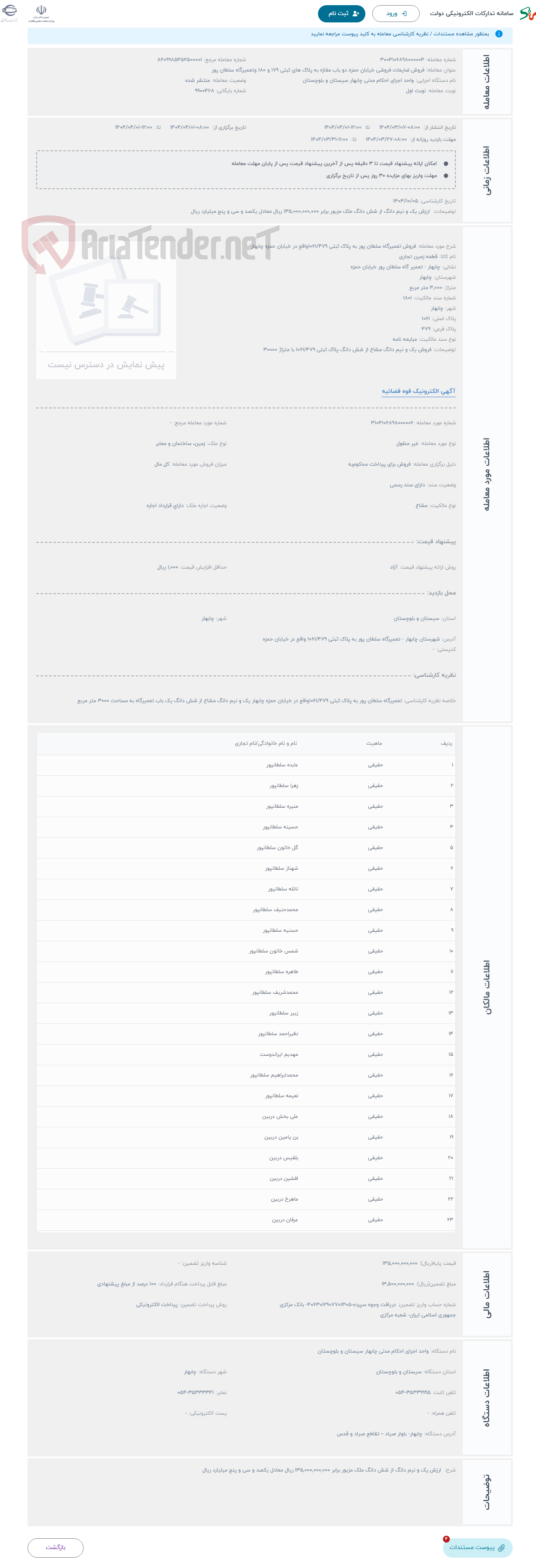 تصویر کوچک آگهی حراج فروش تعمیرگاه سلطان پور به پلاک ثبتی 1061/479واقع در خیابان حمزه چابهار
