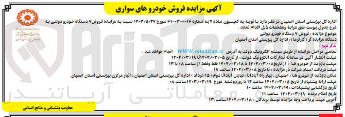 تصویر کوچک آگهی فروش ۷ دستگاه خودرو دولتی