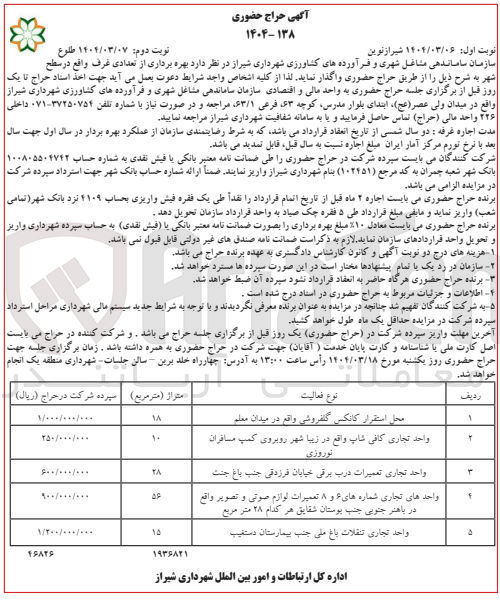 تصویر کوچک آگهی بهره برداری از غرف در 5 ردیف (محل استقرار کانکس گلفروشی - واحد تجاری کافی شاپ - واحد تجاری تعمیرات درب برقی - واحد های تجاری شماره های ۶ و ۸ تعمیرات لوازم صوتی و تصویر هر کدام ۲۸ متر مربع - واحد تجاری تنقلات )