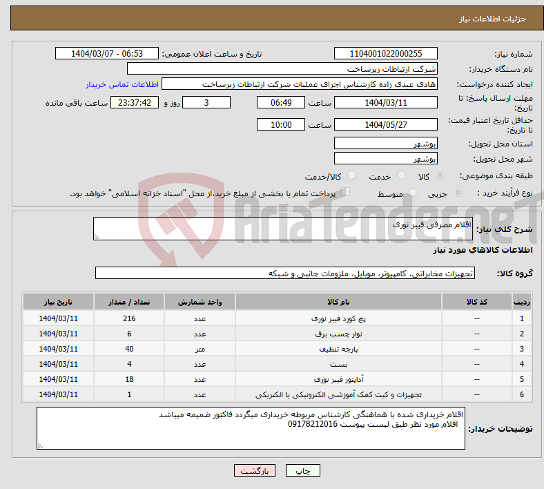 تصویر کوچک آگهی نیاز انتخاب تامین کننده-اقلام مصرفی فیبر نوری