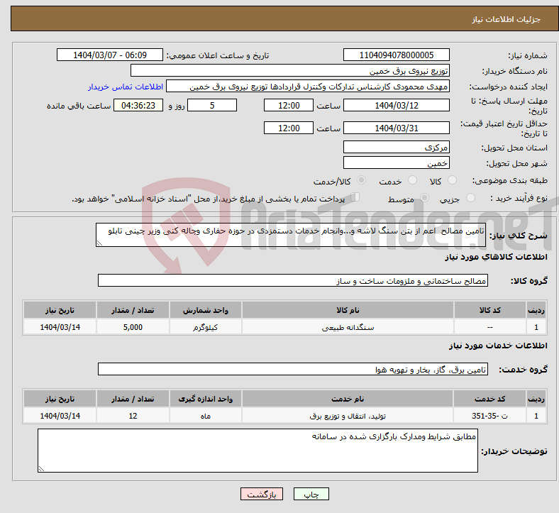 تصویر کوچک آگهی نیاز انتخاب تامین کننده-تامین مصالح اعم از بتن سنگ لاشه و...وانجام خدمات دستمزدی در حوزه حفاری وچاله کنی وزیر چینی تابلو 