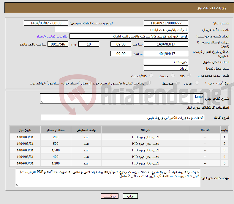 تصویر کوچک آگهی نیاز انتخاب تامین کننده-lamp