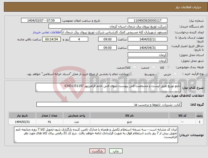 تصویر کوچک آگهی نیاز انتخاب تامین کننده-تابلو توزیع طبق لیست و مشخصت فنی پیوست-سوال فنی خانم فرامرزپور 03431251197