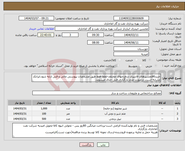 تصویر کوچک آگهی نیاز انتخاب تامین کننده-خرید6قلمشیرهای فانتیزی درطرحهای مختلف-لطفا فقط طبق مشخصات پیوستی مالی و فنی ارایه شود.ایرانکد مشابه است. درصورت عدم بارگذاری فنی حذف میشوید.