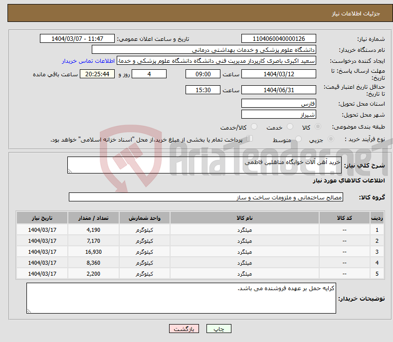 تصویر کوچک آگهی نیاز انتخاب تامین کننده-خرید آهن آلات خوابگاه متاهلین فاطمی 