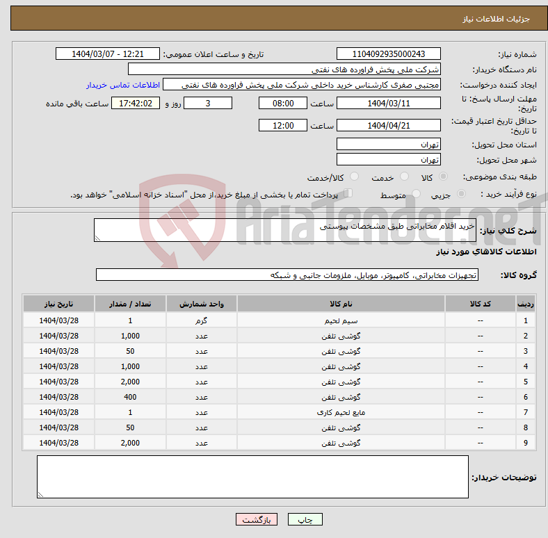تصویر کوچک آگهی نیاز انتخاب تامین کننده-خرید اقلام مخابراتی طبق مشخصات پیوستی