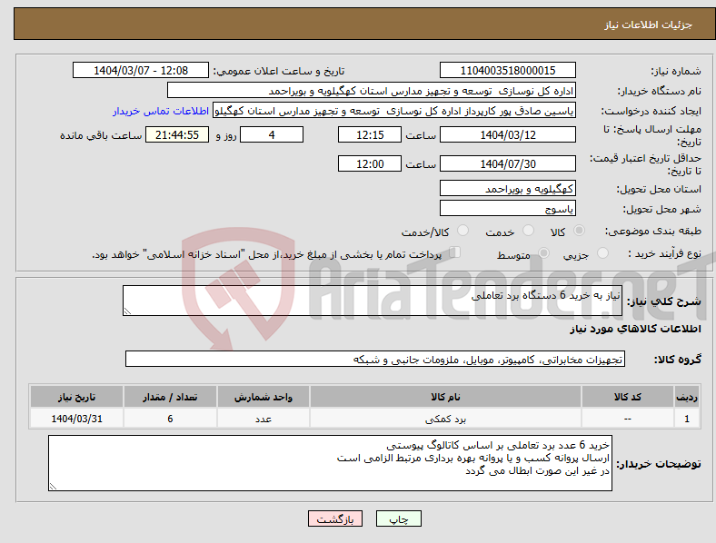 تصویر کوچک آگهی نیاز انتخاب تامین کننده-نیاز به خرید 6 دستگاه برد تعاملی