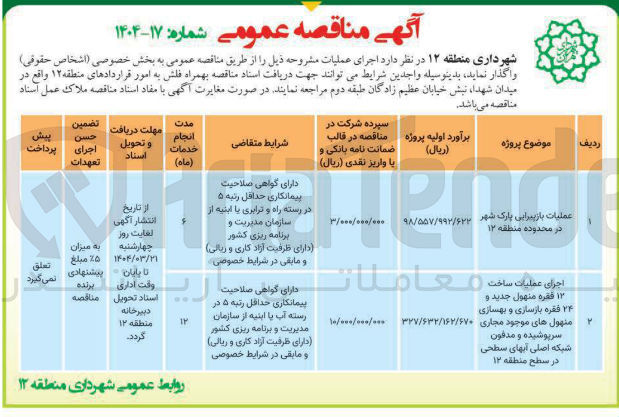 تصویر کوچک آگهی عملیات بازپیرایی پارک شهر