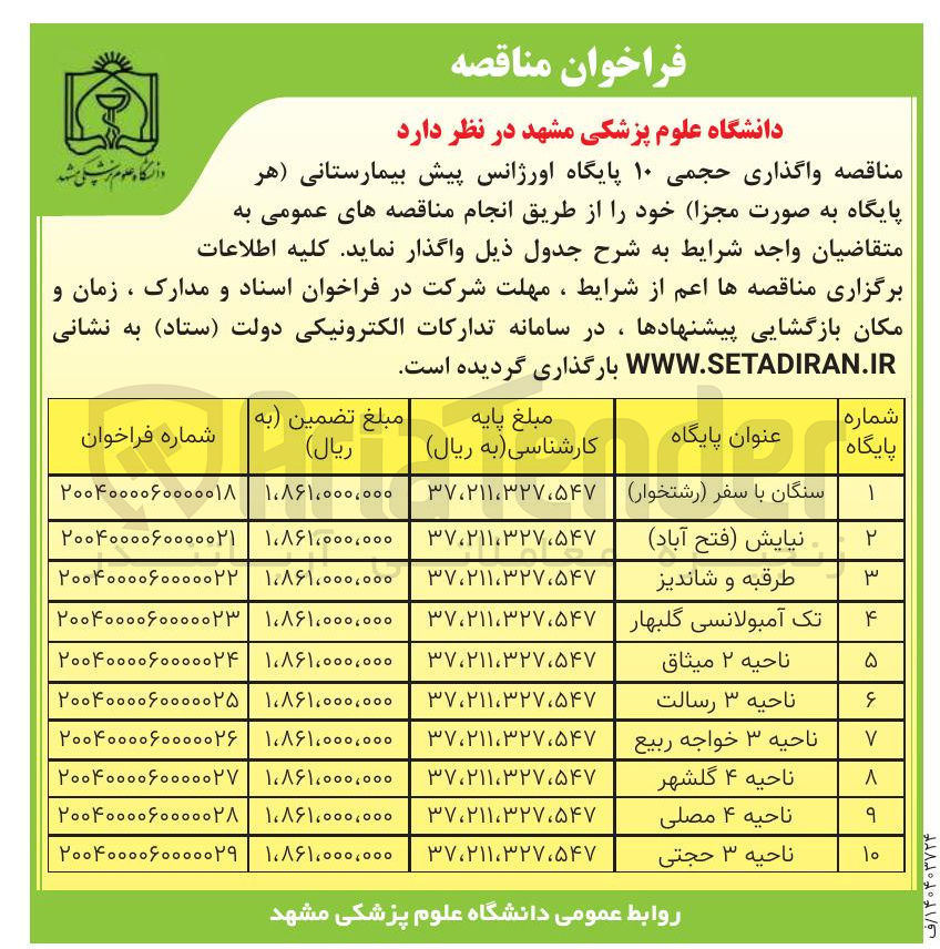 تصویر کوچک آگهی واگذاری حجمی پایگاه اورژانس پیش بیمارستانی ناحیه 4 گلشهر