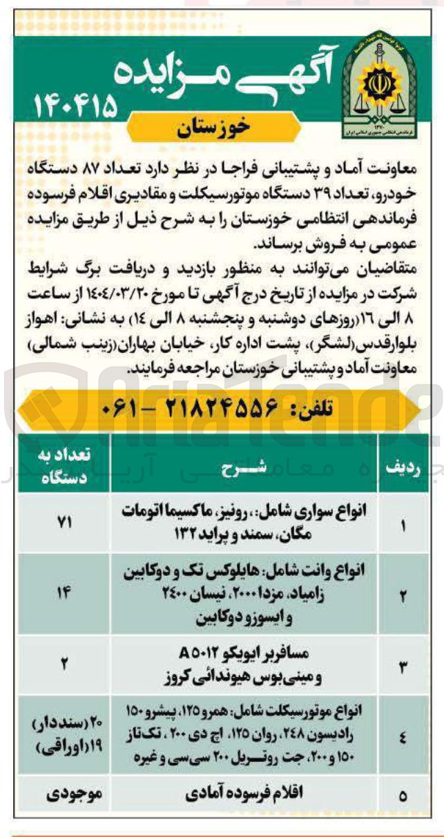 تصویر کوچک آگهی فروش تعداد ۸۷ دستگاه خودرو تعداد ۳۹ دستگاه موتورسیکلت و مقادیری اقلام فرسوده 