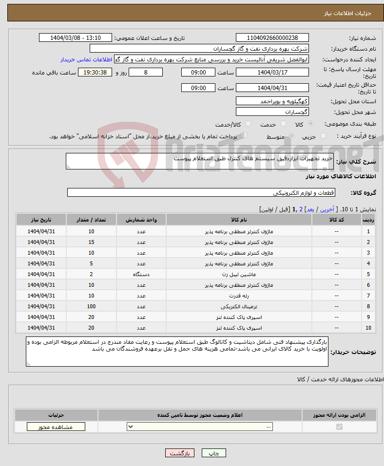 تصویر کوچک آگهی نیاز انتخاب تامین کننده-خرید تجهیزات ابزاردقیق سیستم های کنترل طبق استعلام پیوست