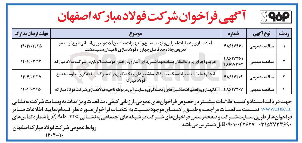 تصویر کوچک آگهی نگهداری و تعمیرات ماشین های ریخته گری و سایت آبی مربوطه ناحیه فولادسازی
