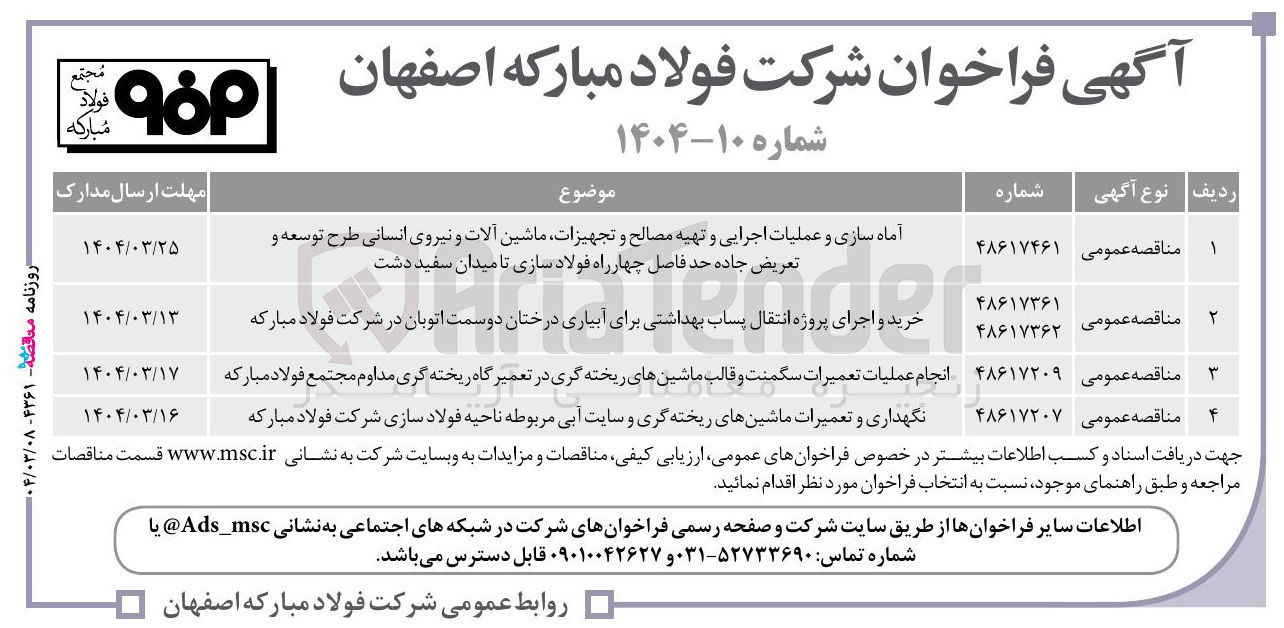 تصویر کوچک آگهی نگهداری و تعمیرات ماشین های ریخته گری و سایت آبی مربوطه ناحیه فولاد سازی 