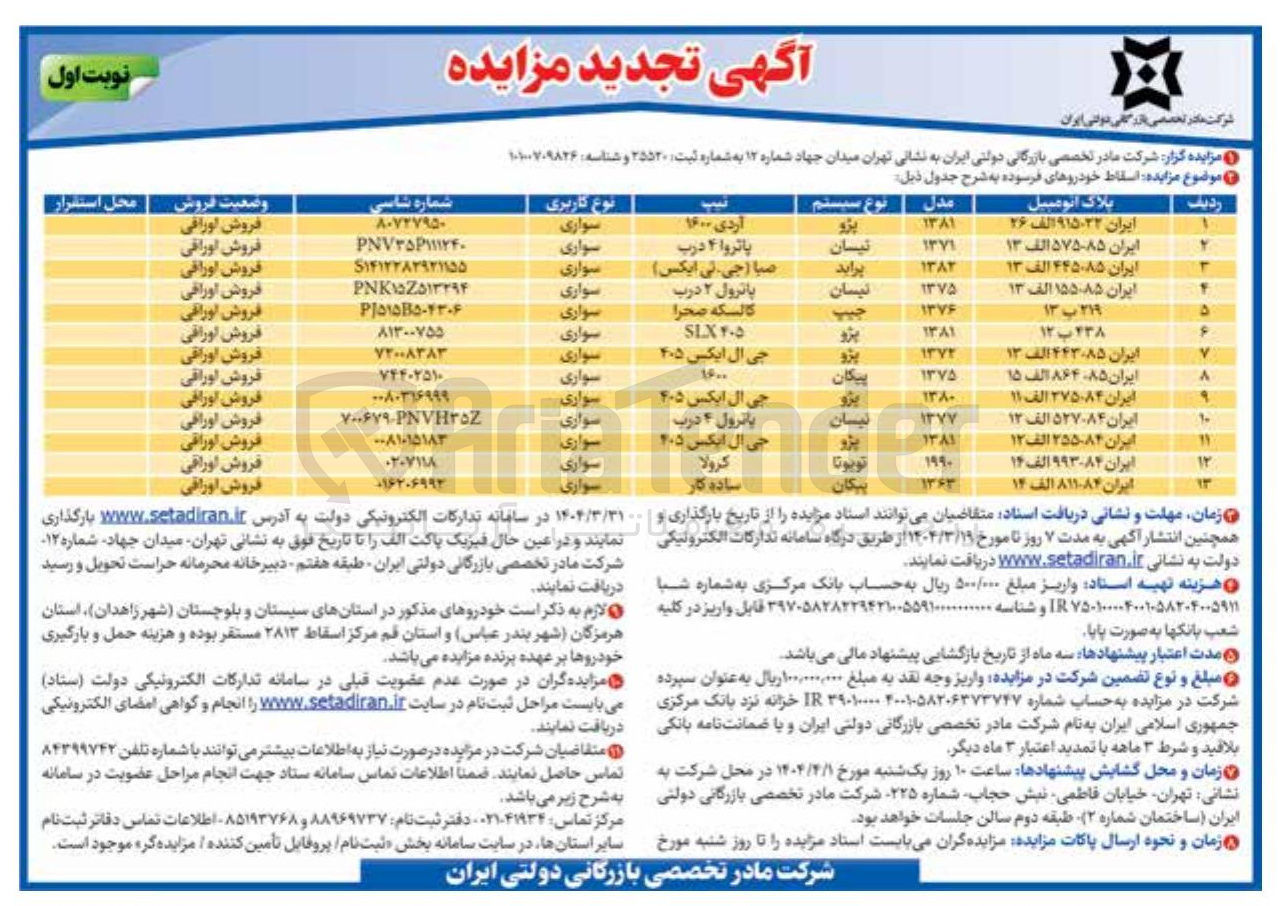تصویر کوچک آگهی فروش اسقاط خودروهای فرسوده در 13 ردیف