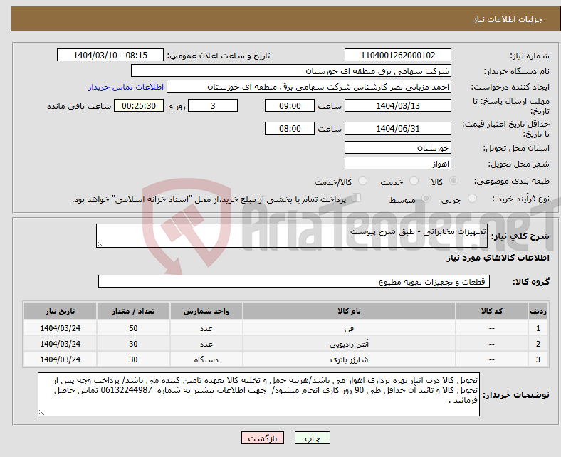 تصویر کوچک آگهی نیاز انتخاب تامین کننده-تجهیزات مخابراتی - طبق شرح پیوست